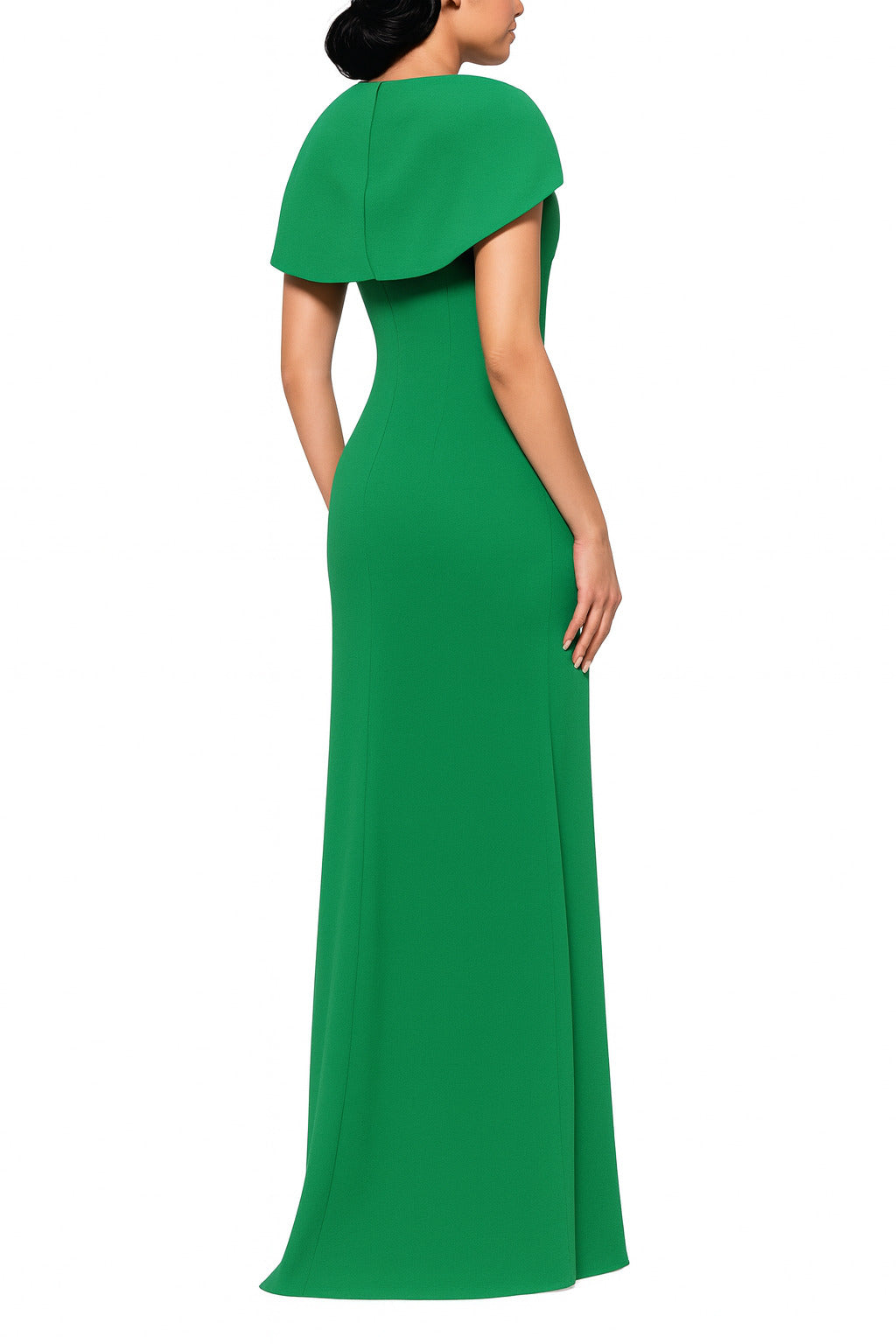 Betsy and Adam Shanice Cape Overlay Neckline Back Zipper Sheath Silhouette Floor Length Dress | Available at Curated Brands in Los Angeles Betsy and Adam Shanice Cape Overlay Neckline Back Zipper Sheath Silhouette Floor Length Dress | Available at Curated Brands in Los Angeles