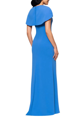 Betsy and Adam Shanice Cape Overlay Neckline Back Zipper Sheath Silhouette Floor Length Dress - CORNFLOWER - Back