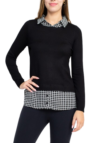 Adrianna Papell Collared Long Sleeve Twofer Viscose Top