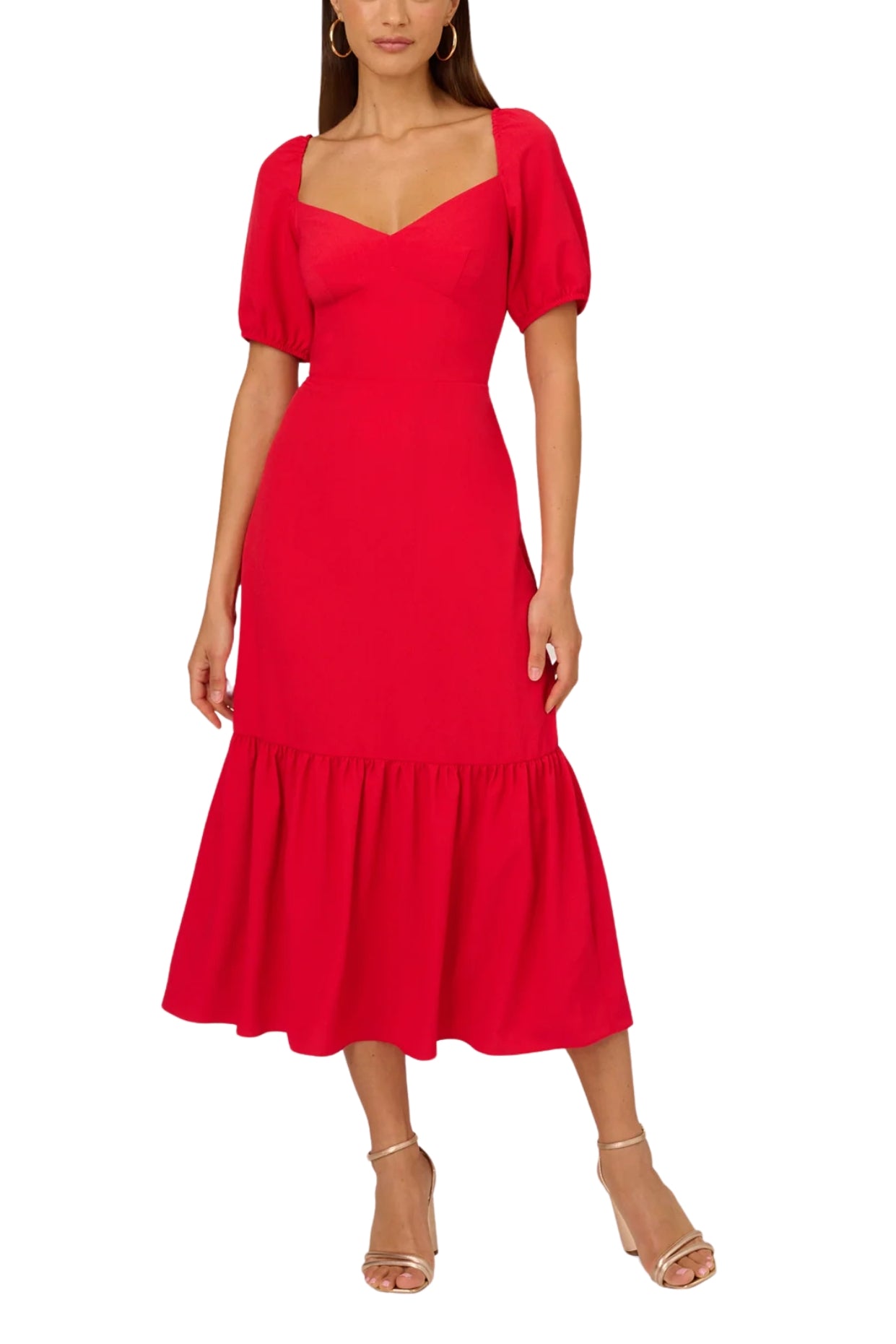 Adrianna Papell Solid Sweetheart Neckline Smocked Back Puff Short Sleeves Flounce Ruffle Hem A-Line Midi Dress | Available at Curated Brands in Los Angeles Adrianna Papell Solid Sweetheart Neckline Smocked Back Puff Short Sleeves Flounce Ruffle Hem A-Line Midi Dress | Available at Curated Brands in Los Angeles