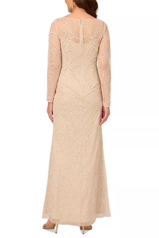 Adrianna Papell Women's Beaded Long-Sleeve Gown - Biscotti - Back