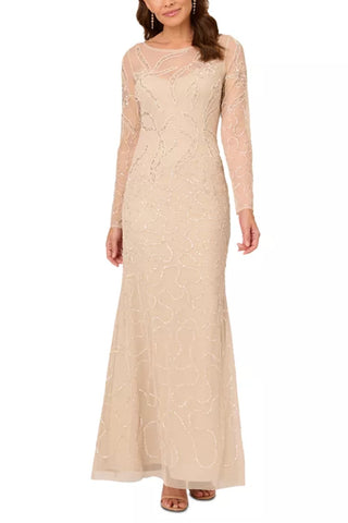 Adrianna Papell Women's Beaded Long-Sleeve Gown - Biscotti - Front