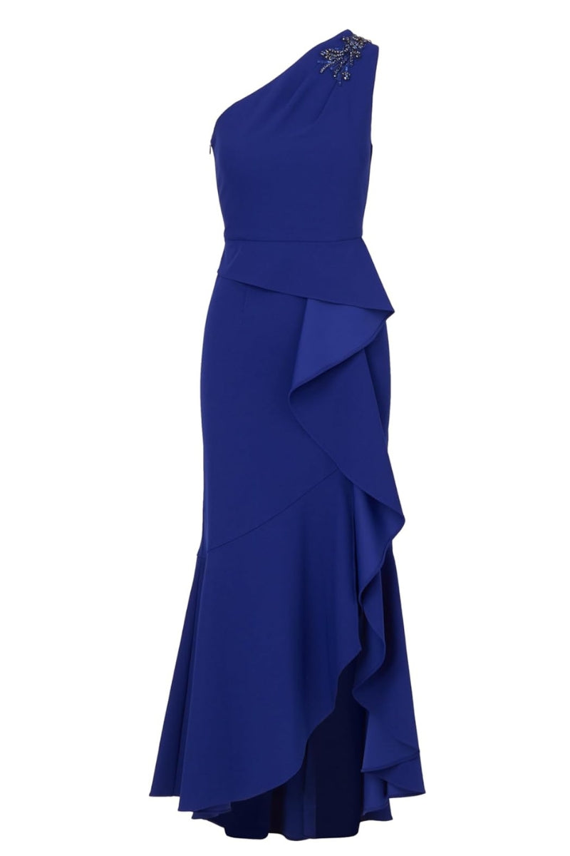 Adrianna Papell Beaded One-Shoulder Sleeveless Side Zipper Closure Ruffles Draped Details Dress | Available at Curated Brands in Los Angeles Adrianna Papell Beaded One-Shoulder Sleeveless Side Zipper Closure Ruffles Draped Details Dress | Available at Curated Brands in Los Angeles