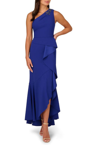 Adrianna Papell Beaded One-Shoulder Sleeveless Side Zipper Closure Ruffles Draped Details Dress | Available at Curated Brands in Los Angeles Adrianna Papell Beaded One-Shoulder Sleeveless Side Zipper Closure Ruffles Draped Details Dress | Available at Curated Brands in Los Angeles