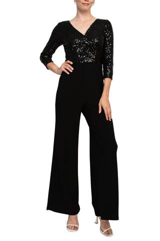 Adrianna Papell Sequin Faux Wrap V-Neck Jumpsuit - Black - Front