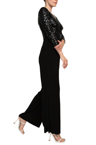 Adrianna Papell Sequin Faux Wrap V-Neck Jumpsuit - Black - Side view