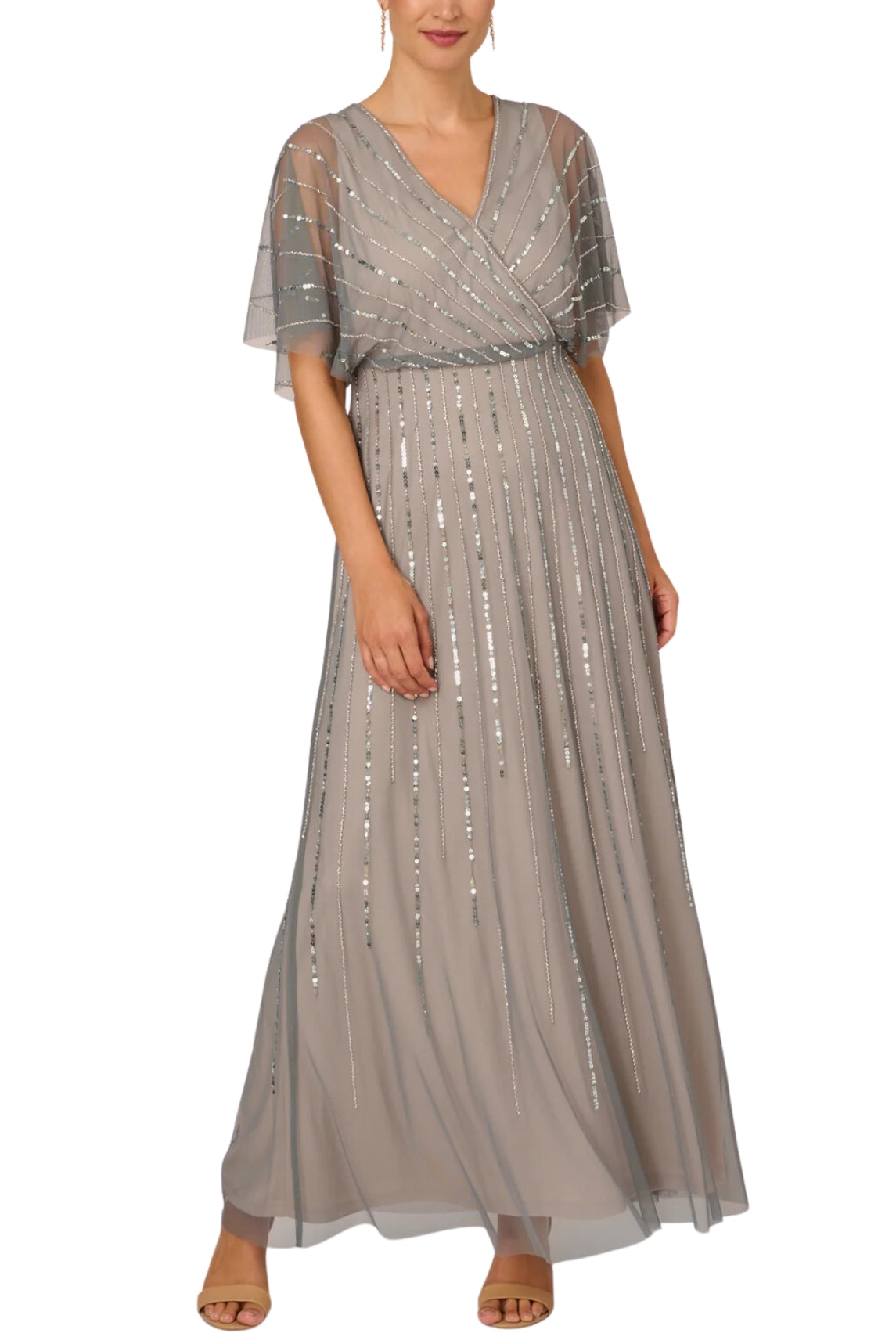 Adrianna Papell Flutter Sleeve V-Neck Surplice Blouson Beaded Gowns | Available at Curated Brands in Los Angeles Adrianna Papell Flutter Sleeve V-Neck Surplice Blouson Beaded Gowns | Available at Curated Brands in Los Angeles