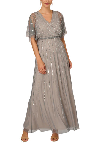 Adrianna Papell Flutter Sleeve Surplice Blouson Beaded Gowns - Pewter Silver - Front