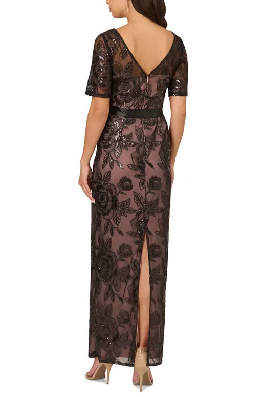 Adrianna Papell Boat Neck Short-Sleeve Sequined Lace Mermaid, Waist Tie Long Dress | Available at Curated Brands in Los Angeles Adrianna Papell Boat Neck Short-Sleeve Sequined Lace Mermaid, Waist Tie Long Dress | Available at Curated Brands in Los Angeles