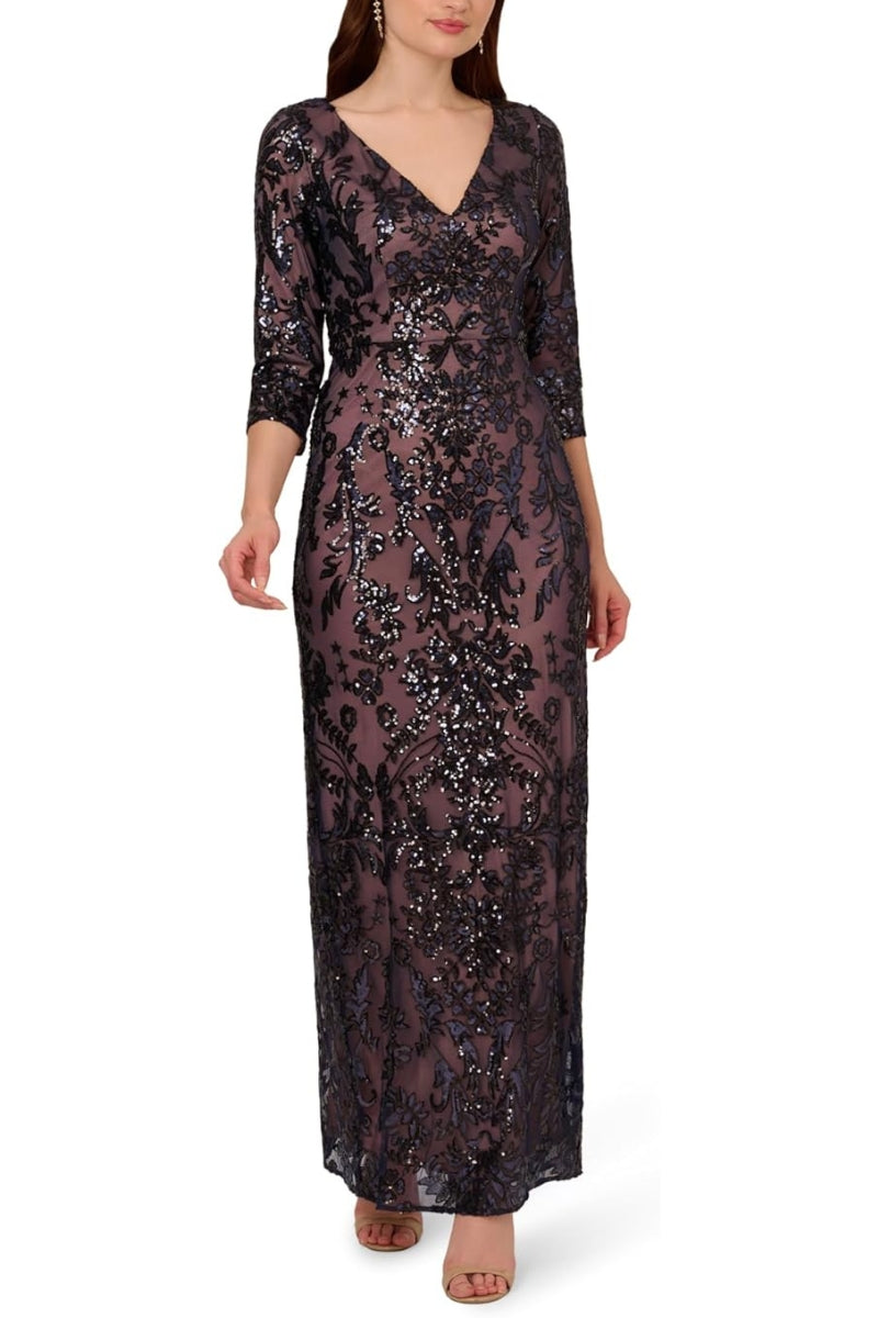 Adrianna Papell Beaded Bodice V-Neckline Dress | Available at Curated Brands in Los Angeles