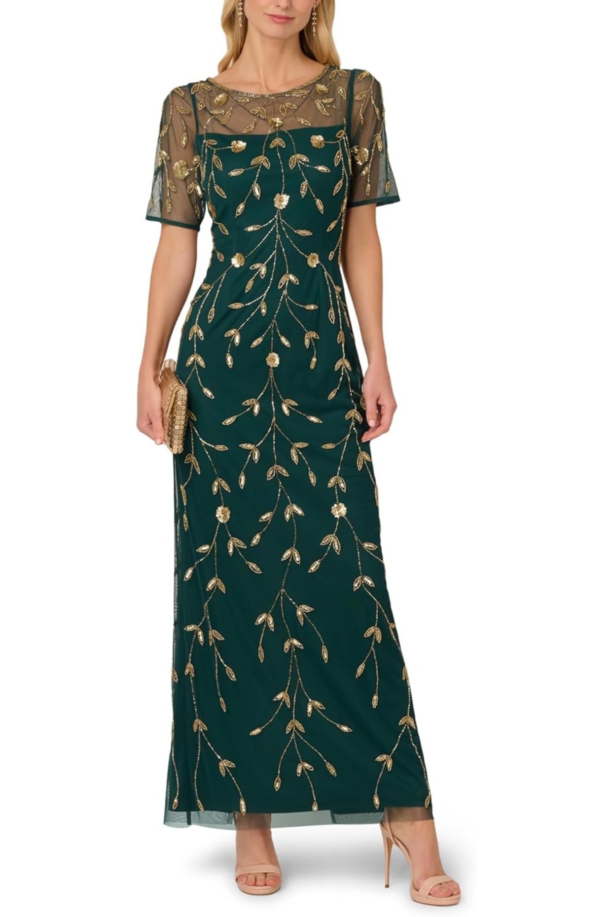 Adrianna Papell Women's Printed Bead Mesh Long Dress - Green - Maxi Dresses Adrianna Papell Women's Printed Bead Mesh Long Dress - Green - Maxi Dresses