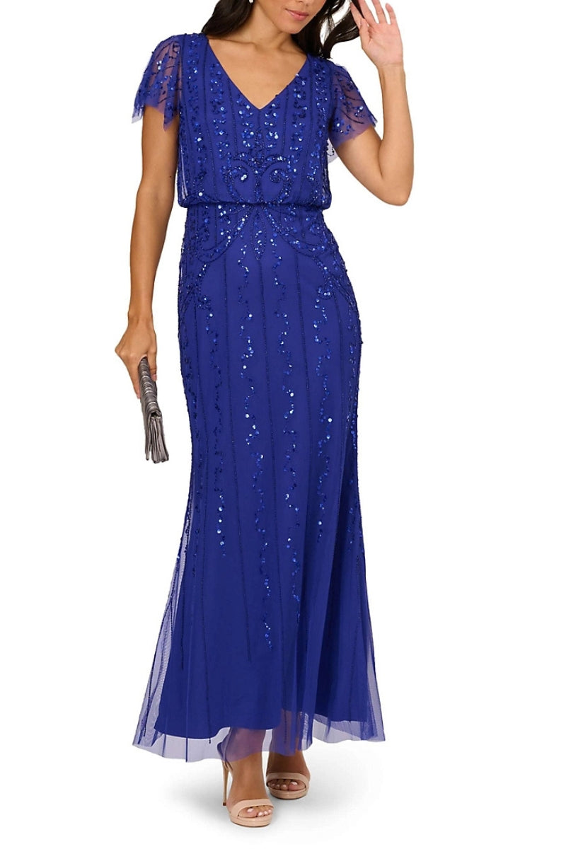 Robe De Soirée Adrianna Papell Violette Paillettes Dentelle Fleurie - Taille 4, Longue, Neuve étiquetée