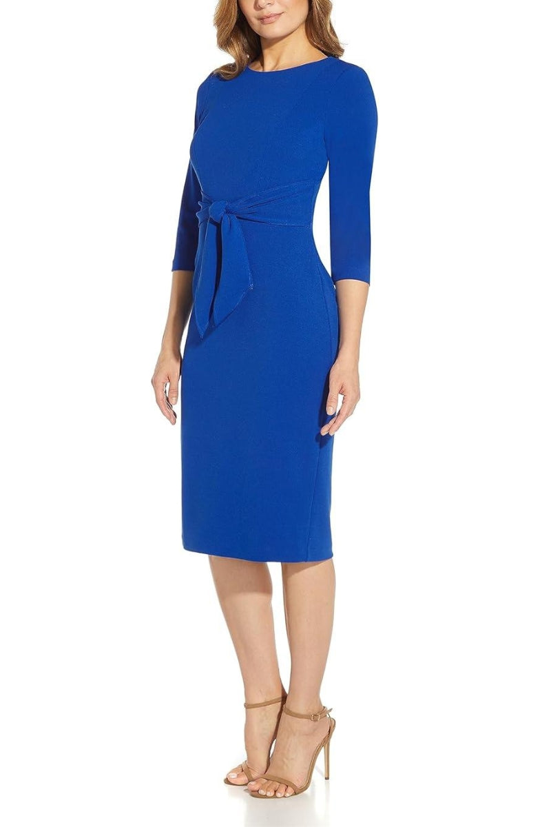 Adrianna Papell Crew Neck 3/4 Sleeve Tie Waist Bodycon Zipper Back Solid Knit Crepe Dress | Available at Curated Brands in Los Angeles Adrianna Papell Crew Neck 3/4 Sleeve Tie Waist Bodycon Zipper Back Solid Knit Crepe Dress | Available at Curated Brands in Los Angeles