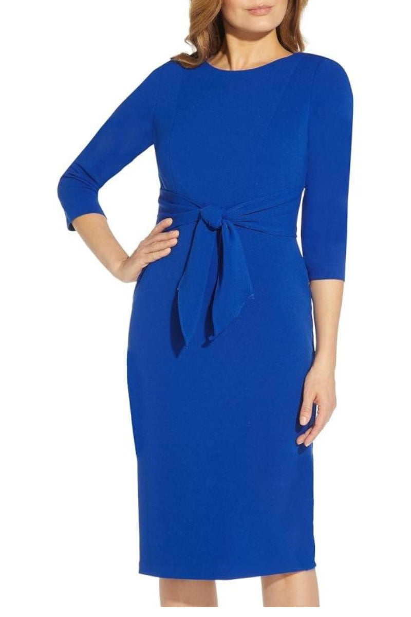 Adrianna Papell Crew Neck 3/4 Sleeve Tie Waist Bodycon Zipper Back Solid Knit Crepe Dress | Available at Curated Brands in Los Angeles Adrianna Papell Crew Neck 3/4 Sleeve Tie Waist Bodycon Zipper Back Solid Knit Crepe Dress | Available at Curated Brands in Los Angeles