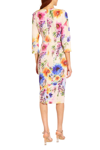 Adrianna Papell Floral Print Tie Front Midi Sheath Dress - PRALINE MULTI - Back 