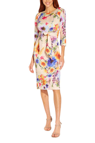 Adrianna Papell Floral Print Tie Front Midi Sheath Dress - PRALINE MULTI - Front 