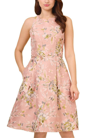 Adrianna Papell Floral Jacquard Fit & Flare Dress - PALE AZALEA - Front 