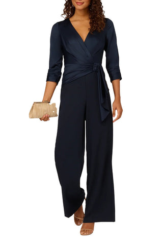 Adrianna Papell Belted Wide Leg Satin Crepe Jumpsuit - NAVY  front full view