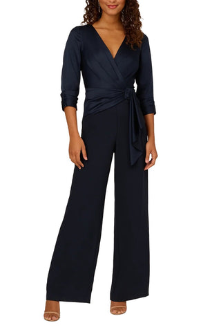 Adrianna Papell Belted Wide Leg Satin Crepe Jumpsuit - NAVY - FRONT 