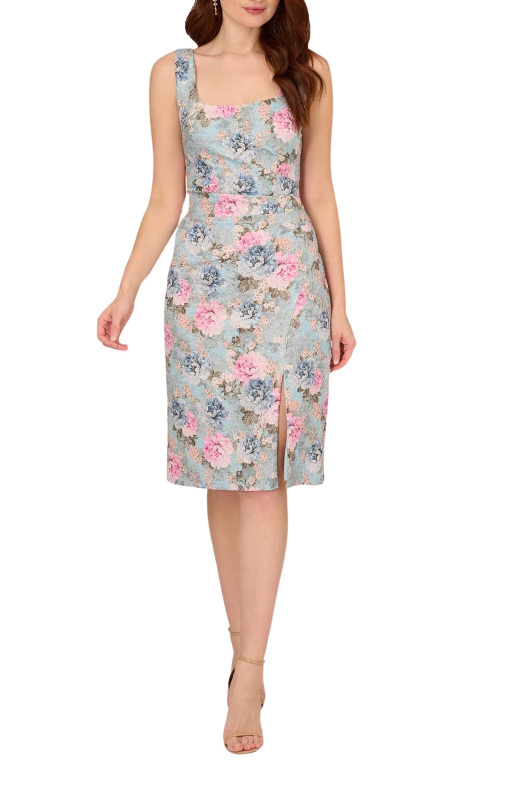 Adrianna Papell Floral Matelasse Square Neck Sheath Dress | Available at Curated Brands in Los Angeles Adrianna Papell Floral Matelasse Square Neck Sheath Dress | Available at Curated Brands in Los Angeles
