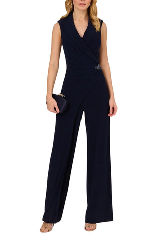 Adrianna Papell Sleeveless Shawl Neck Jersey Wide Leg Jumpsuit - Midnight - Front