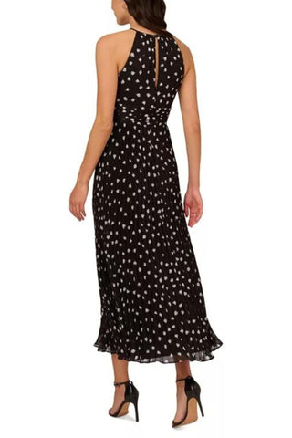 Adrianna Papell Dot-Print Pleated Midi Dress - BLACK IVORY - Back 