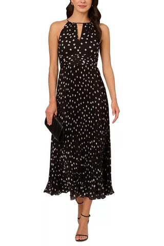 Adrianna Papell Dot-Print Pleated Midi Dress - BLACK IVORY - Front 