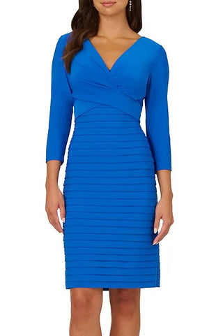 Adrianna Papell Jersey Sheath V Neck 3/4 Sleeve Banded Stretch Dress - COOL COBALT - FRONT FULL VIEW 