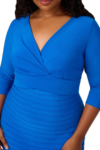 Adrianna Papell Jersey Sheath V Neck 3/4 Sleeve Banded Stretch Dress - COOL COBALT - NECKLINE VIEW 