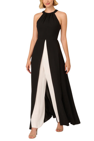 Adrianna Papell Halter Crepe Overlay Wide Leg Jumpsuit - BLACK IVORY - Front