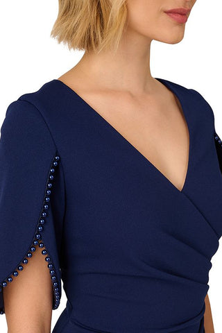 Adrianna Papell Pearl Trim Tulip-Sleeve Draped Jumpsuit - NAVY SATEEN - Neckline 