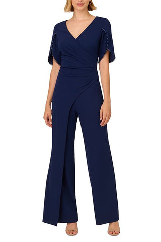 Adrianna Papell Pearl Trim Tulip-Sleeve Draped Jumpsuit - NAVY SATEEN - Front