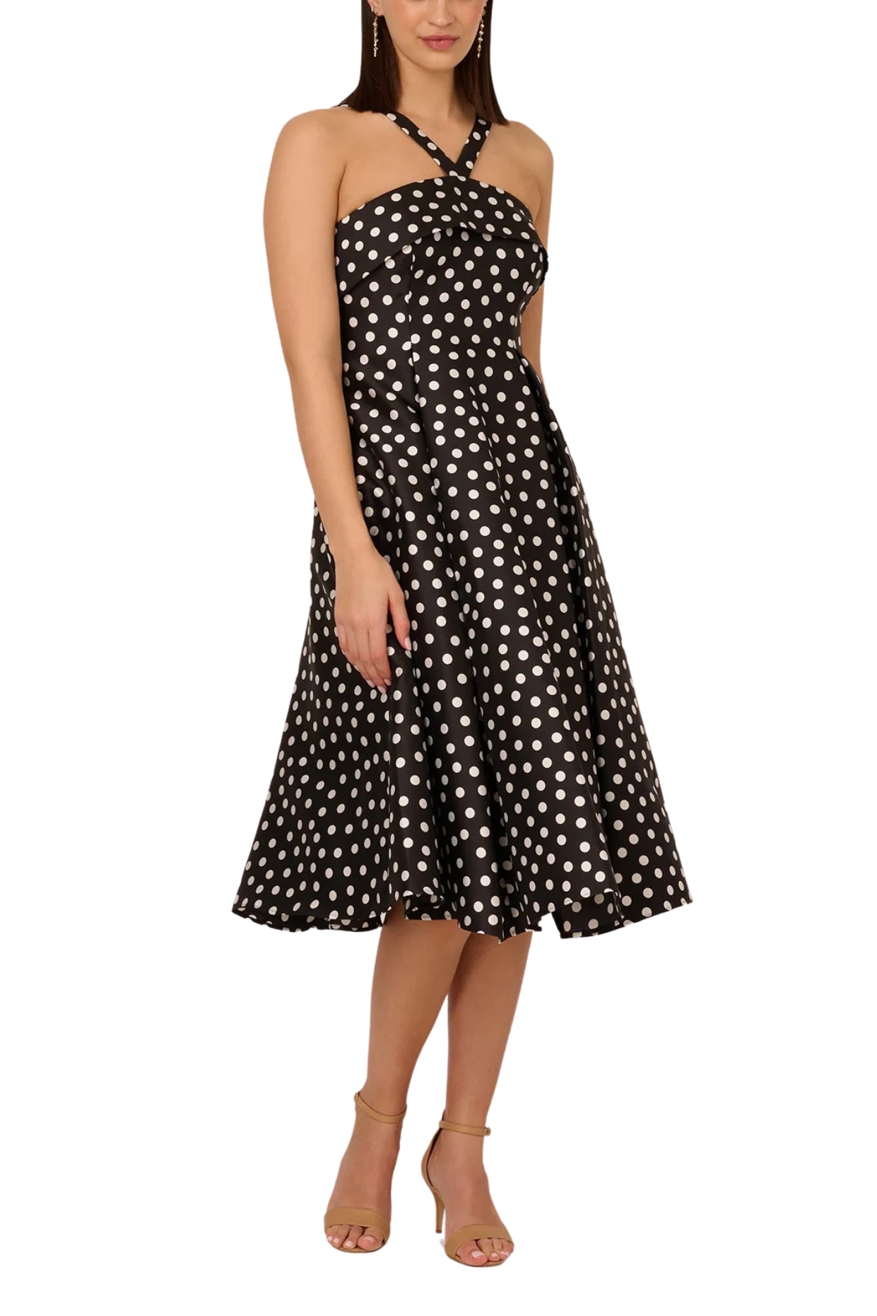 Adrianna Papell Polka Dot Halter Neckline Mikado Fit and Flare A-Line Midi Dress with Side Pockets | Available at Curated Brands in Los Angeles Adrianna Papell Polka Dot Halter Neckline Mikado Fit and Flare A-Line Midi Dress with Side Pockets | Available at Curated Brands in Los Angeles