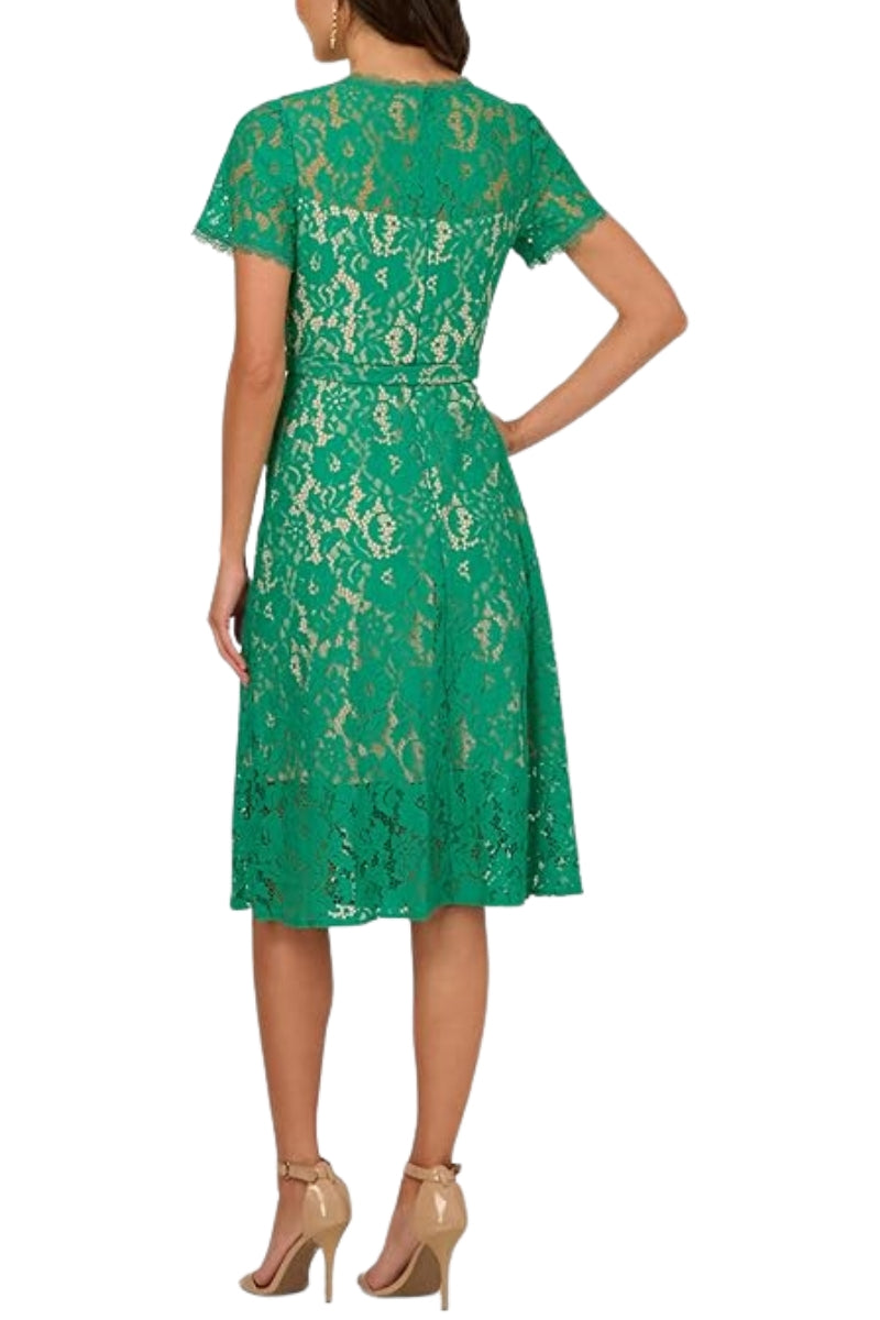 Adrianna Papell Lace Round Neckline Short Sleeves Cinched Waist Belt A Curated Brands Adrianna Papell Lace Round Neckline Short Sleeves Cinched Waist Belt A Curated Brands