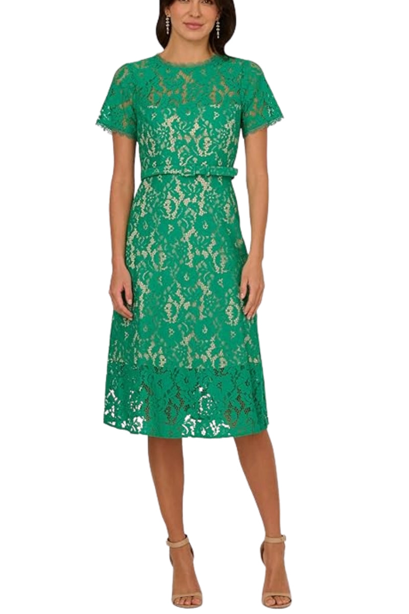 Adrianna Papell Lace Round Neckline Short Sleeves Cinched Waist Belt A Curated Brands Adrianna Papell Lace Round Neckline Short Sleeves Cinched Waist Belt A Curated Brands