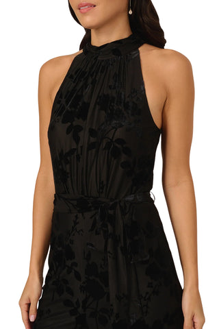 Adrianna Papell Halter Neckline Sleeveless Waist Tie-Belt Black Velvet Floral Print Wide-Leg Jumpsuit