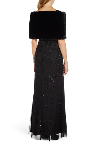 Adrianna Papell Black Faux Fur Shawl With Brooch - Back View