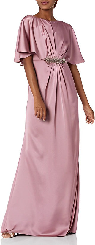 Adrianna Papell Boat Neck Short Sleeve Pleated Brooch Front Zipper Back Satin Dress (Petite) - ROSE - Front 