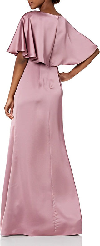 Adrianna Papell Boat Neck Short Sleeve Pleated Brooch Front Zipper Back Satin Dress (Petite) - ROSE - Back