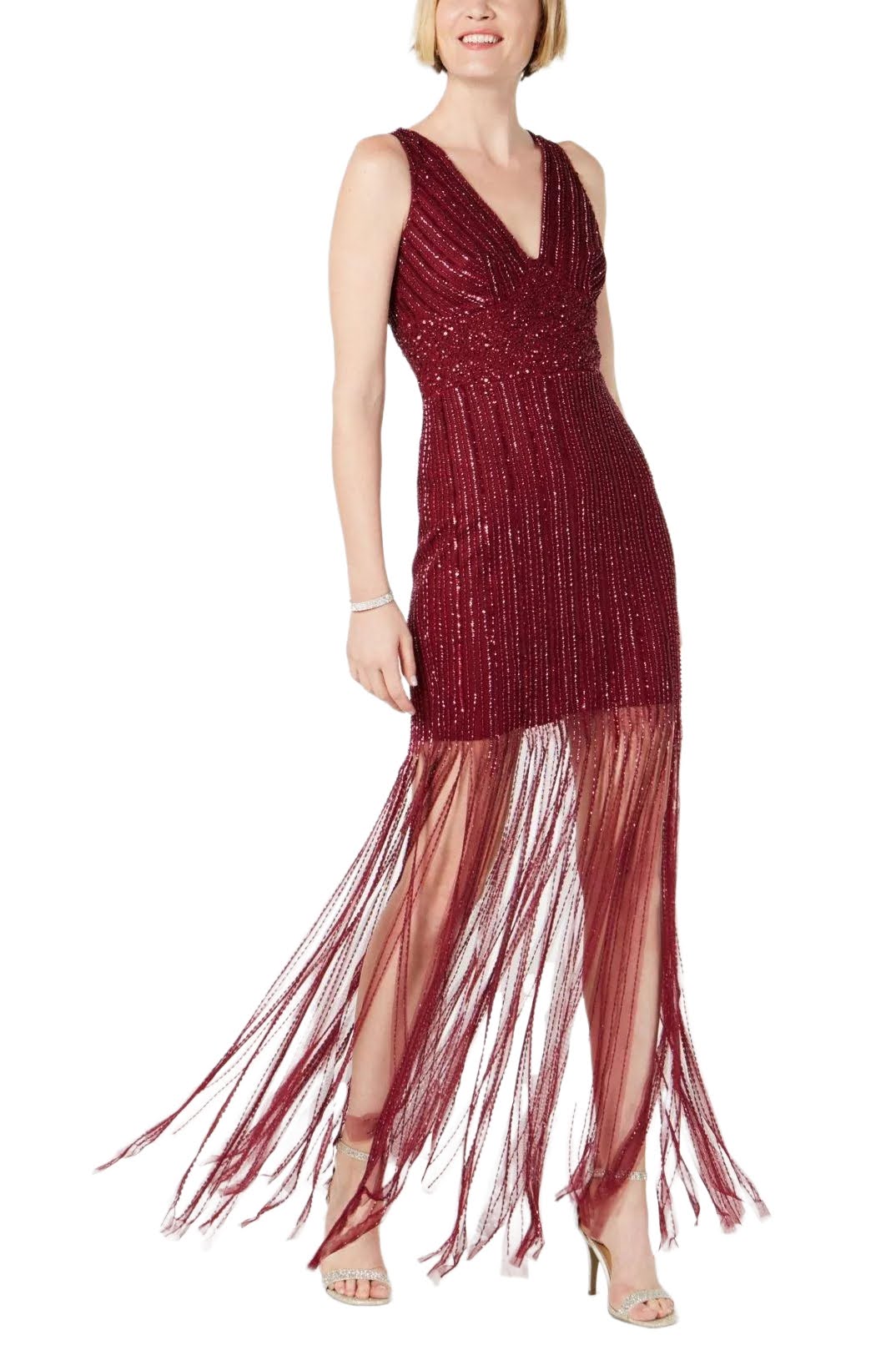 Adrianna Papell V-Neck Zipper Back Illusion Embellished Mesh Dress | Available at Curated Brands in Los Angeles Adrianna Papell V-Neck Zipper Back Illusion Embellished Mesh Dress | Available at Curated Brands in Los Angeles