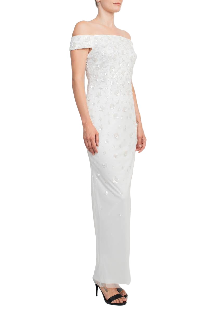 Adrianna Papell Off-Shoulder Zipper Back Sequined Beaded Column Mesh Dress IVORY / 4 Adrianna Papell Off-Shoulder Zipper Back Sequined Beaded Column Mesh Dress IVORY / 4