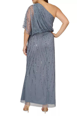 Adrianna Papell Sequin One Shoulder Illusion Sleeve Blouson Dress ( Plus Size ) - Dusty Blue - Back
