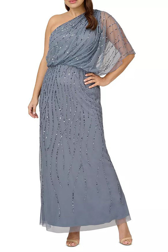 Adrianna Papell Sequin One Shoulder Illusion Sleeve Blouson Dress ( Plus Size ) | Available at Curated Brands in Los Angeles Adrianna Papell Sequin One Shoulder Illusion Sleeve Blouson Dress ( Plus Size ) | Available at Curated Brands in Los Angeles