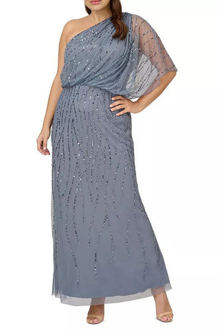 Adrianna Papell Sequin One Shoulder Illusion Sleeve Blouson Dress ( Plus Size ) - Dusty Blue - Front