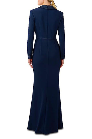 Adrianna Papell Notched Collar Long Sleeve Slit Front Zipper Back Stretch Crepe Dress | Available at Curated Brands in Los Angeles Adrianna Papell Notched Collar Long Sleeve Slit Front Zipper Back Stretch Crepe Dress | Available at Curated Brands in Los Angeles