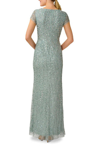 Adrianna Papell Sequin Beaded Short Sleeve V-Neck Mermaid Gown - FROSTED SAGE - Back 