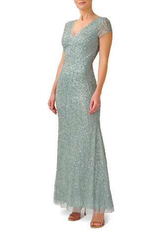 Adrianna Papell Sequin Beaded Short Sleeve V-Neck Mermaid Gown - FROSTED SAGE - Front 