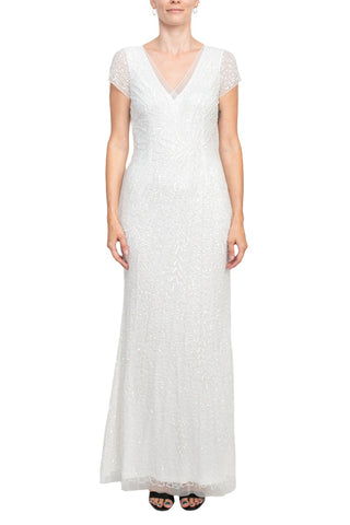 Adrianna Papell Sequin Beaded Short Sleeve V-Neck Mermaid Gown - IVORY - Front 