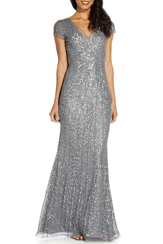 Adrianna Papell Sequin Beaded Short Sleeve V-Neck Mermaid Gown - STERLING - Front 