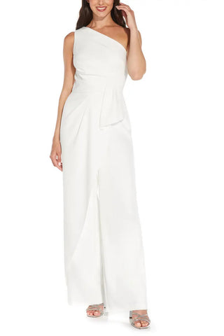 Adrianna Papell One Shoulder Pleated Flared Legs Crepe Jumpsuit